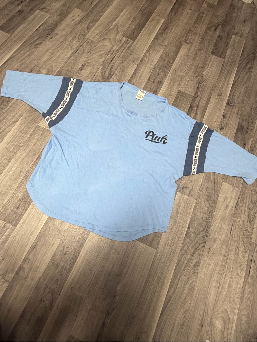 PINK Victoria's Secret Light Blue 3/4 Sleeve Sweatshirt with Navy Stripes